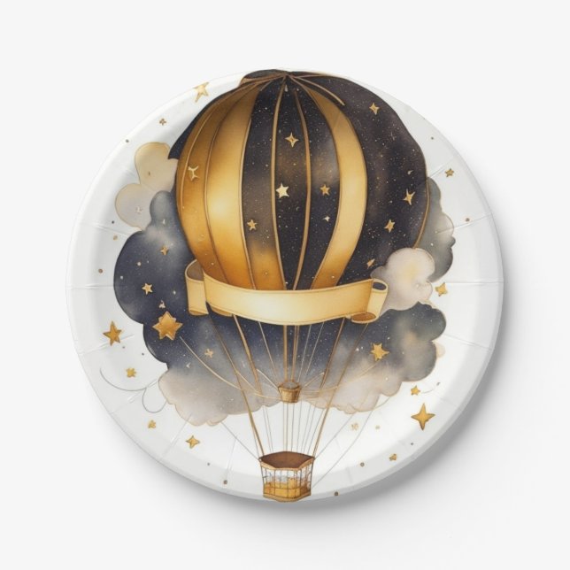 Heavenly Whimsy: Celestial Balloon Baby Shower Paper Plate (Front)
