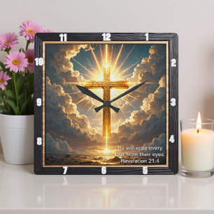 Heaven's Gate Golden Cross Sunset Revelation 21:4 Square Wall Clock