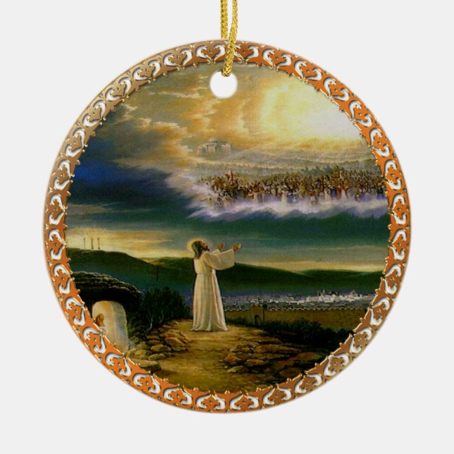 Heavens Welcoming Embrace Jesus at Dusk Ceramic Tree Decoration (Front)