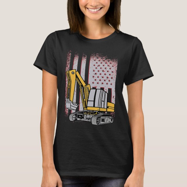 Heavy Equipment Excavator Us Flag T-Shirt (Front)