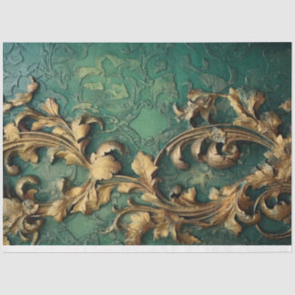 Heavy gold baroque ornament sparkles emerald green tissue paper