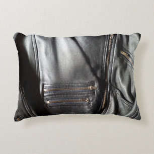 Heavy Metal Faux Leather Black Biker Jacket Photo Decorative Cushion
