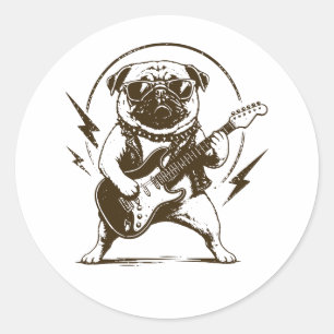 Heavy Metal Pug Dog Shredding Electric Guitar Classic Round Sticker