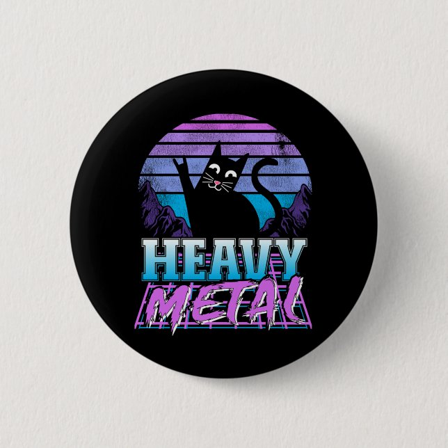 Heavy Metal Retro Sunset Cat Heavy Metal Retrowave 6 Cm Round Badge (Front)