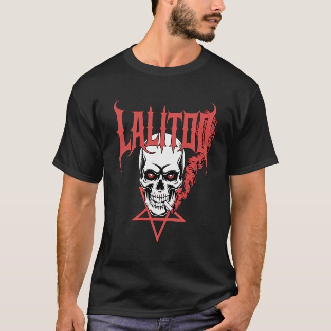 Heavy Metal Skull Design with Smoking Skeleton  T-Shirt (Front)