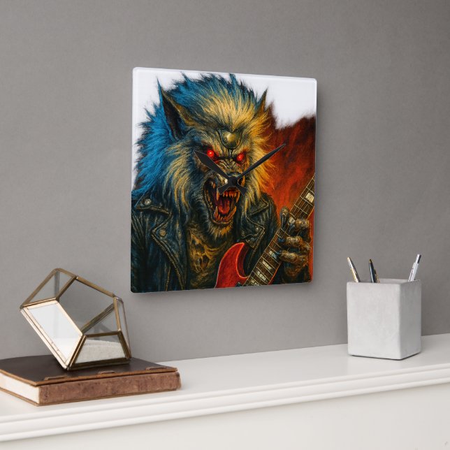 Heavy-Metal Wolve playing Guitar Square Wall Clock (Office)