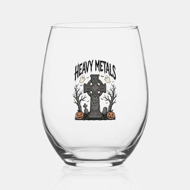 Heavy Metals Halloween Graveyard Vector Design_1 Stemless Wine Glass (Front)