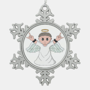 Heavy Music Loving Angel Snowflake Pewter Christmas Ornament