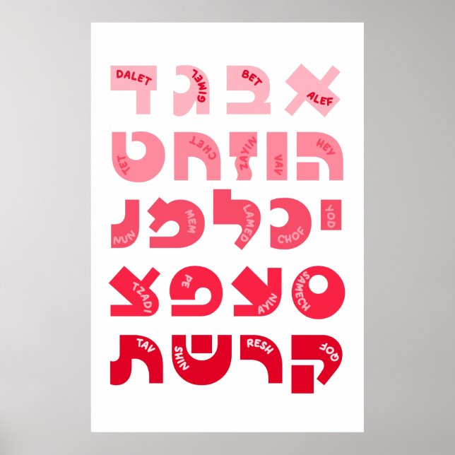 Hebrew Alef-Bet in Ombre Red-Pink Jewish Children Poster (Front)