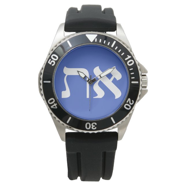 Hebrew Aleph Tav Typography White on Sky Blue Watch (Front)