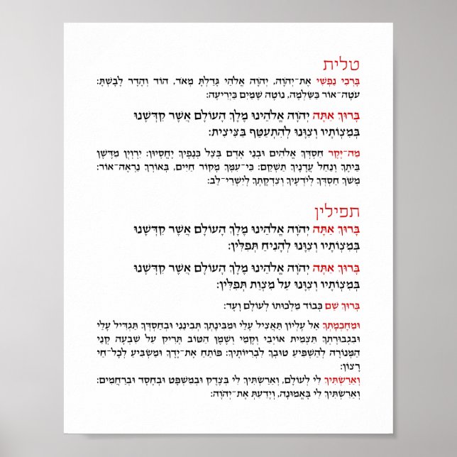 Hebrew Blessings for Tallit and Tefillin Poster (Front)
