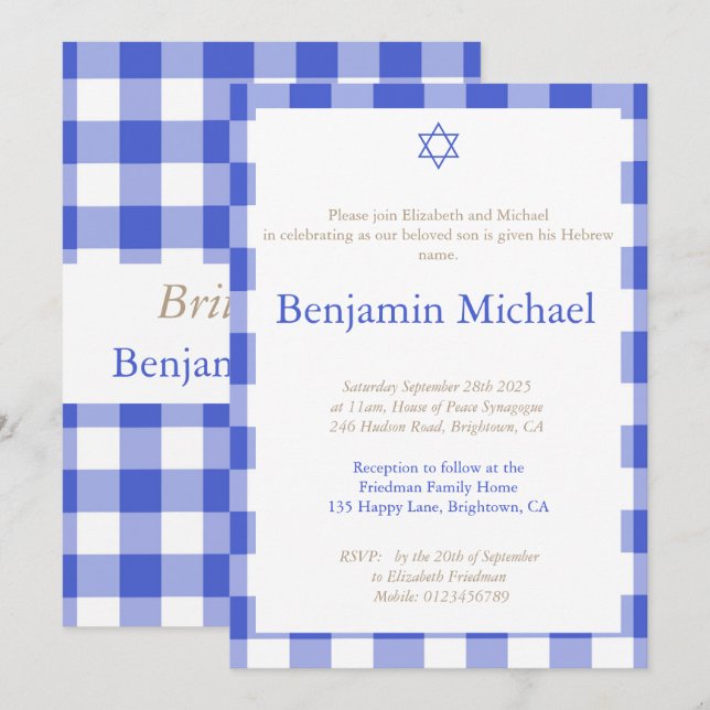 Hebrew Brit Shalom Baby Boy Naming Jewish Blue  Invitation (Front/Back)