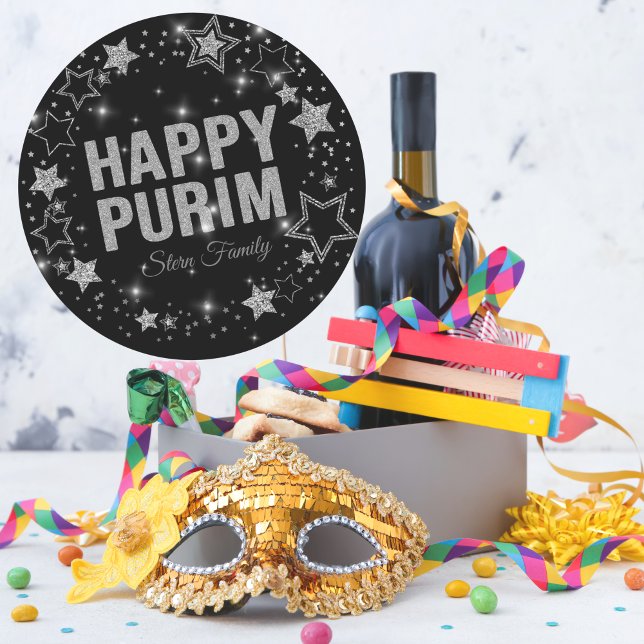 Hebrew Happy Purim Silver Glitter Sparkle Classic Round Sticker (Creator Uploaded)