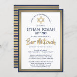 Hebrew Name Bar Mitzvah Elegant Gold White & Navy Invitation<br><div class="desc">Invite family and friends to an elegant bar mitzvah ceremony and celebration with this modern navy blue, white, and faux gold foil invitation. All text is simple to customise, so it can include any wording regarding the service, Torah reading, and party. Design features Hebrew and English names, gold faux foil...</div>