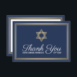 Hebrew Name Bar Mitzvah Navy Blue White and Gold Thank You Card<br><div class="desc">Express gratitude to family and friends for sharing your bar mitzvah celebration with stylish customised thank you cards. All wording is simple to personalise or delete. If you prefer to hand write your message of thanks, simply delete the example text. This navy blue, white and gold template design features a...</div>