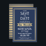 Hebrew Name Bar Mitzvah Navy Blue White Faux Gold Save The Date<br><div class="desc">Invite family and friends to an elegant bar mitzvah ceremony and celebration for him with this navy blue, white, and faux gold foil save the date invitation. All text is simple to customise, so it can include any wording regarding the service, Torah reading, and party. Design features names in both...</div>