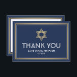 Hebrew Name Bar Mitzvah Star of David Navy & Gold Thank You Card<br><div class="desc">Express gratitude to family and friends for sharing your bar mitzvah celebration with elegant customised thank you cards. All wording is simple to personalise or delete. If you prefer to hand write your message of thanks, simply delete the example text. This navy blue, white and gold template design features English...</div>
