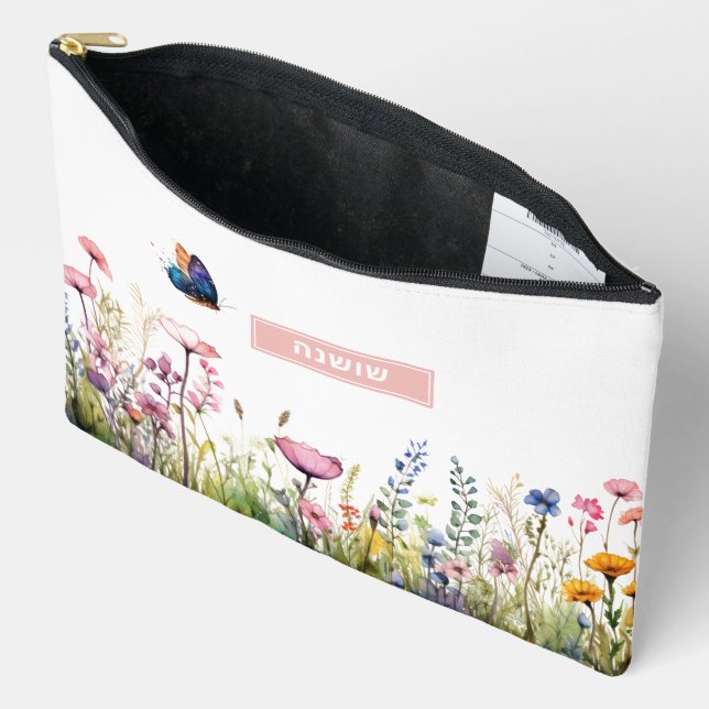 Hebrew Name Makeup Bag w Wildflowers & Butterfly (Open)