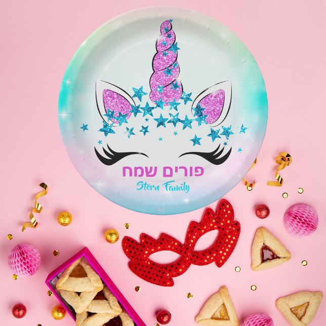  Hebrew Purim Sameach Pastel Unicorn Stars Kids Paper Plate (Creator Uploaded)