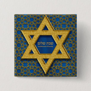 Hebrew Shabbat Shalom Gold Star of David Blue 15 Cm Square Badge