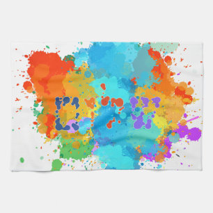 Hebrew "Shalom" with Paint Splashes Background  Tea Towel