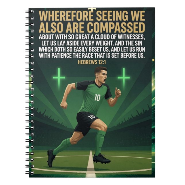 Hebrews 12:1 KJV Football Runner  Notebook (Front)