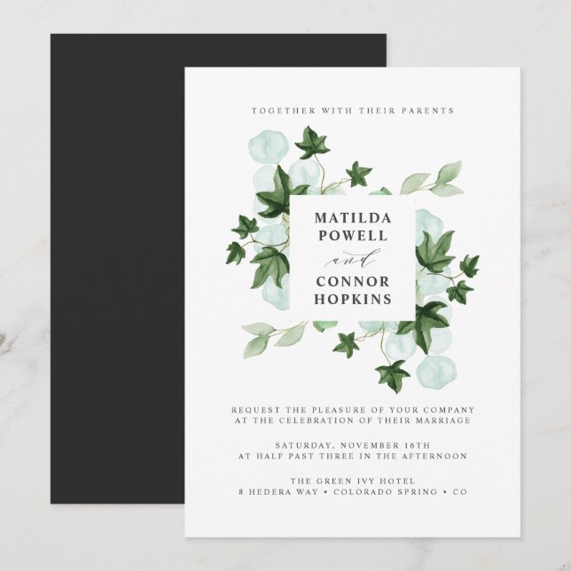 Hedera | Green Ivy Grey Botanical Wedding Invitation (Front/Back)