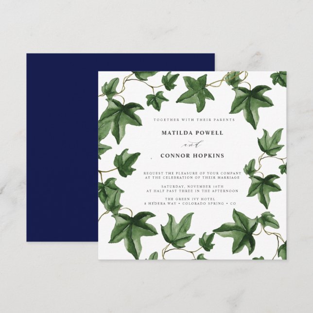 Hedera | Green Ivy Leaves Navy Botanical Wedding Invitation (Front/Back)