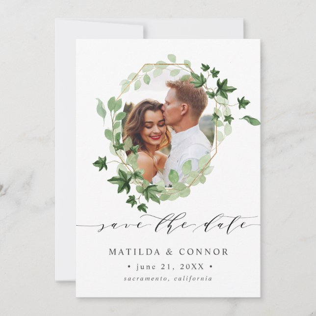 Hedera | Ivy Leaves Geometric photo save the date (Front)