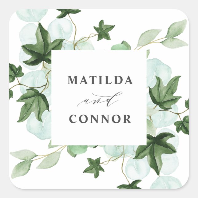 Hedera | Ivy Leaves Watercolor Botanical Wedding Square Sticker (Front)