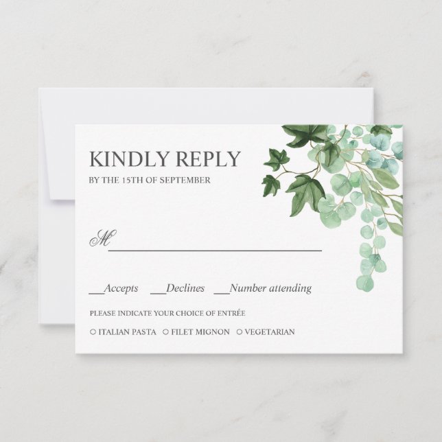 Hedera | Ivy leaves WEDDING RSVP MEAL CHOICE Card (Front)
