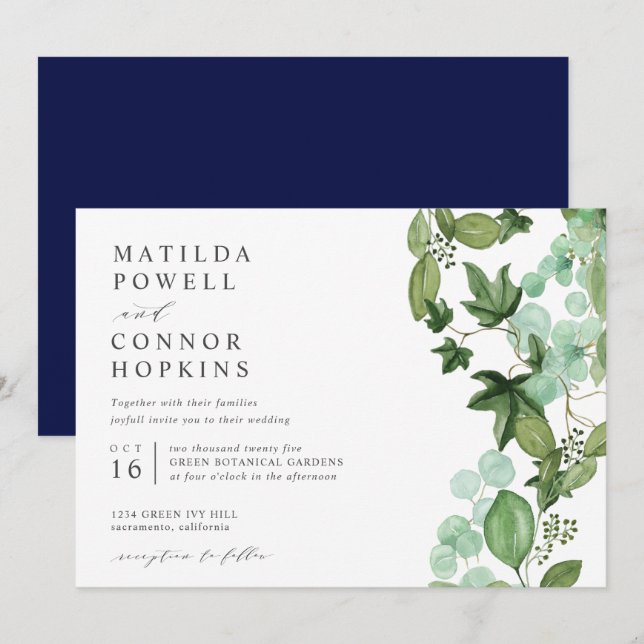 Hedera | Modern IVY Blue Garden Botanical Wedding Invitation (Front/Back)