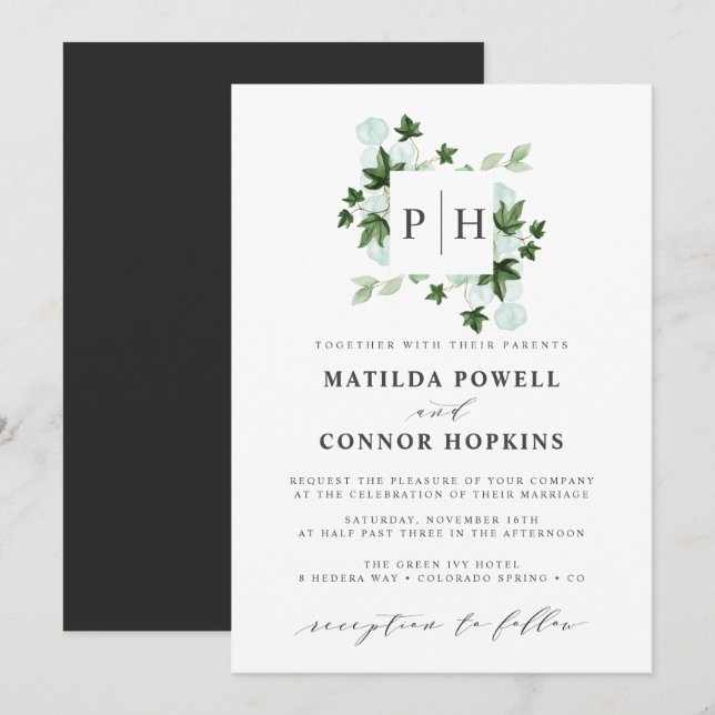 Hedera Monogram | Ivy Eucalyptus Botanical Wedding Invitation (Front/Back)