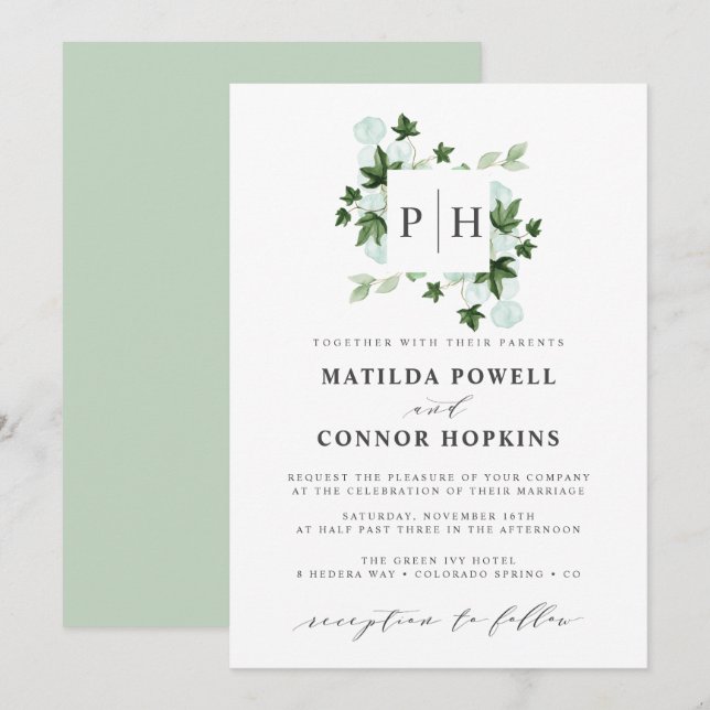 Hedera Monogram | Ivy Eucalyptus Botanical Wedding Invitation (Front/Back)