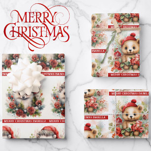 Hedgehog Add Name Christmas 3 Wrapping Paper Sheet