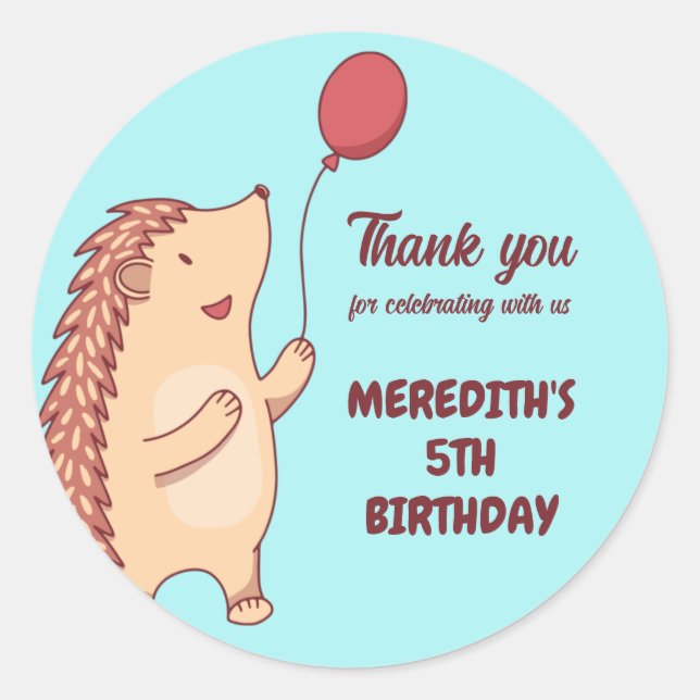 Hedgehog and Balloon Cartoon Kids Birthday Party Classic Round Sticker (Front)