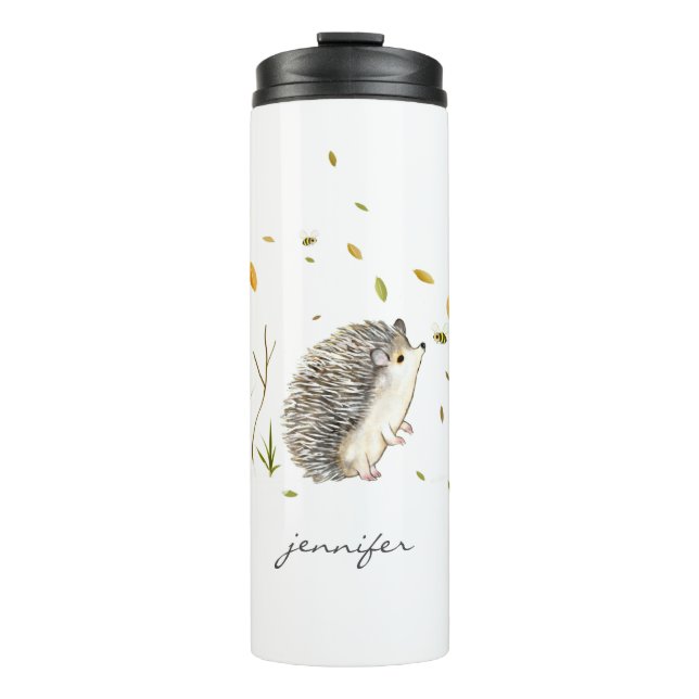 Hedgehog and Bees Personalised  Thermal Tumbler (Front)
