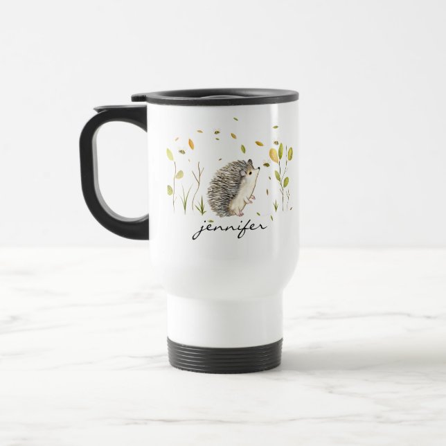 Hedgehog and Bees Personalised Travel Mug (Left)
