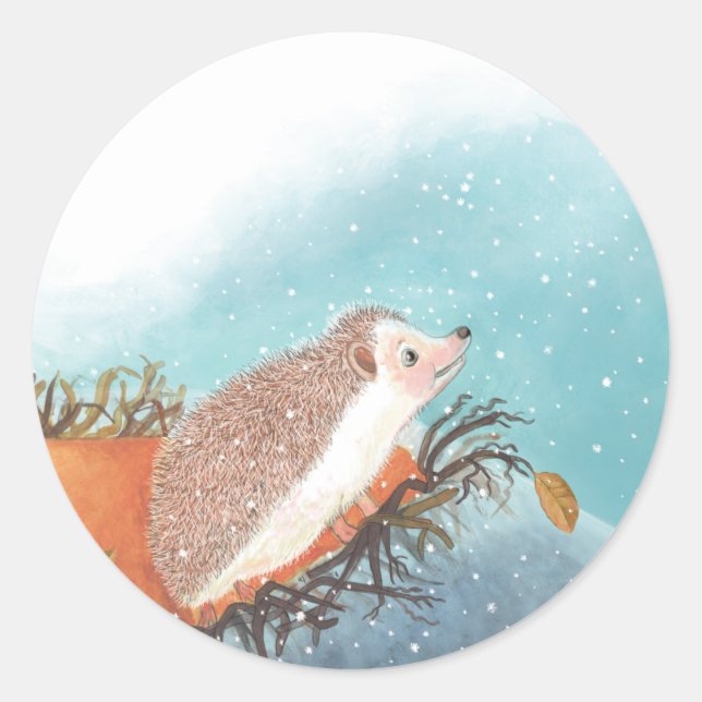 Hedgehog and first snowflakes   classic round sticker (Front)