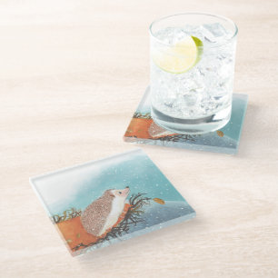 Hedgehog and first snowflakes   glass coaster