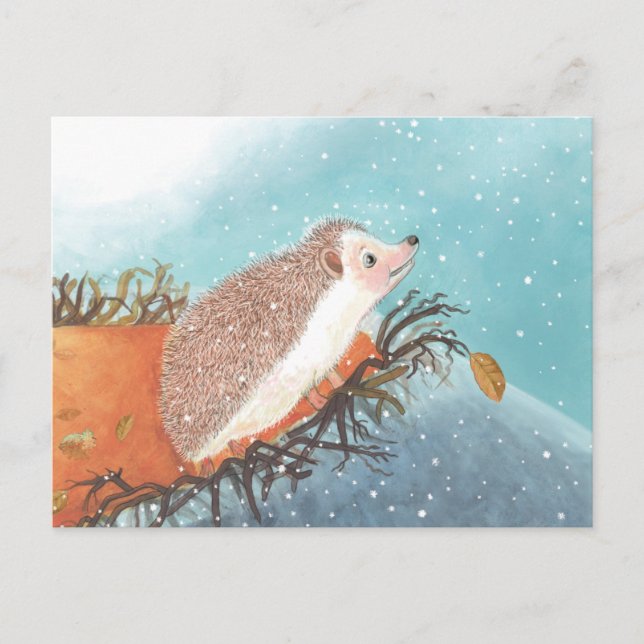 Hedgehog and first snowflakes   holiday postcard (Front)