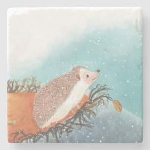 Hedgehog and first snowflakes  stone coaster