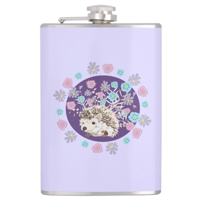 Hedgehog and Flowers Hip Flask (Front)