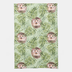 Hedgehog and green leaves tea towel