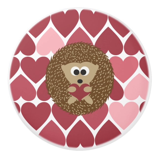 Hedgehog and Hearts Ceramic Knob (Front)