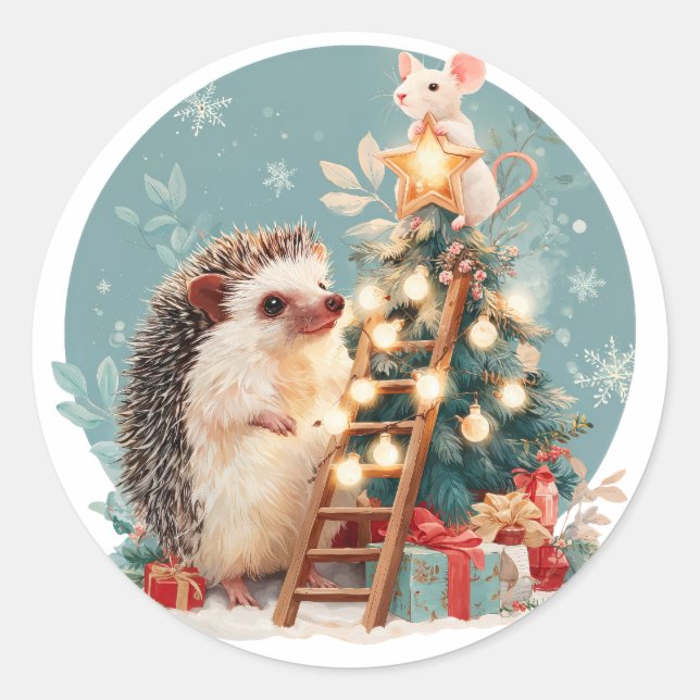 Hedgehog and Mouse Decorating Christmas Tree Classic Round Sticker (Front)