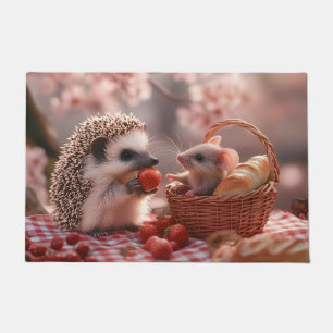 Hedgehog and Mouse Sharing Strawberries - Picnic Doormat