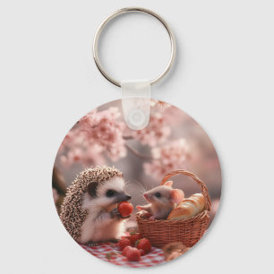 Hedgehog and Mouse Sharing Strawberries - Picnic Key Ring