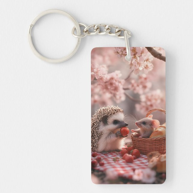 Hedgehog and Mouse Sharing Strawberries - Picnic Key Ring (Front)