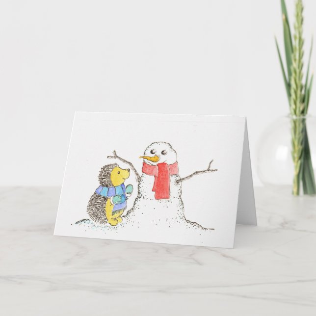 Hedgehog and Snowman Holiday Card (Front)